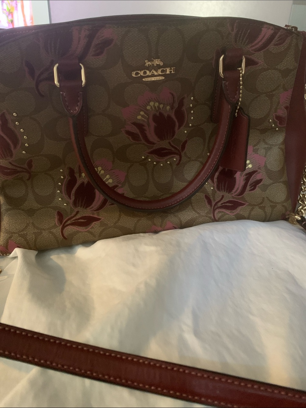 COACH Brown Signature Satchel with Burgundy Floral Accents